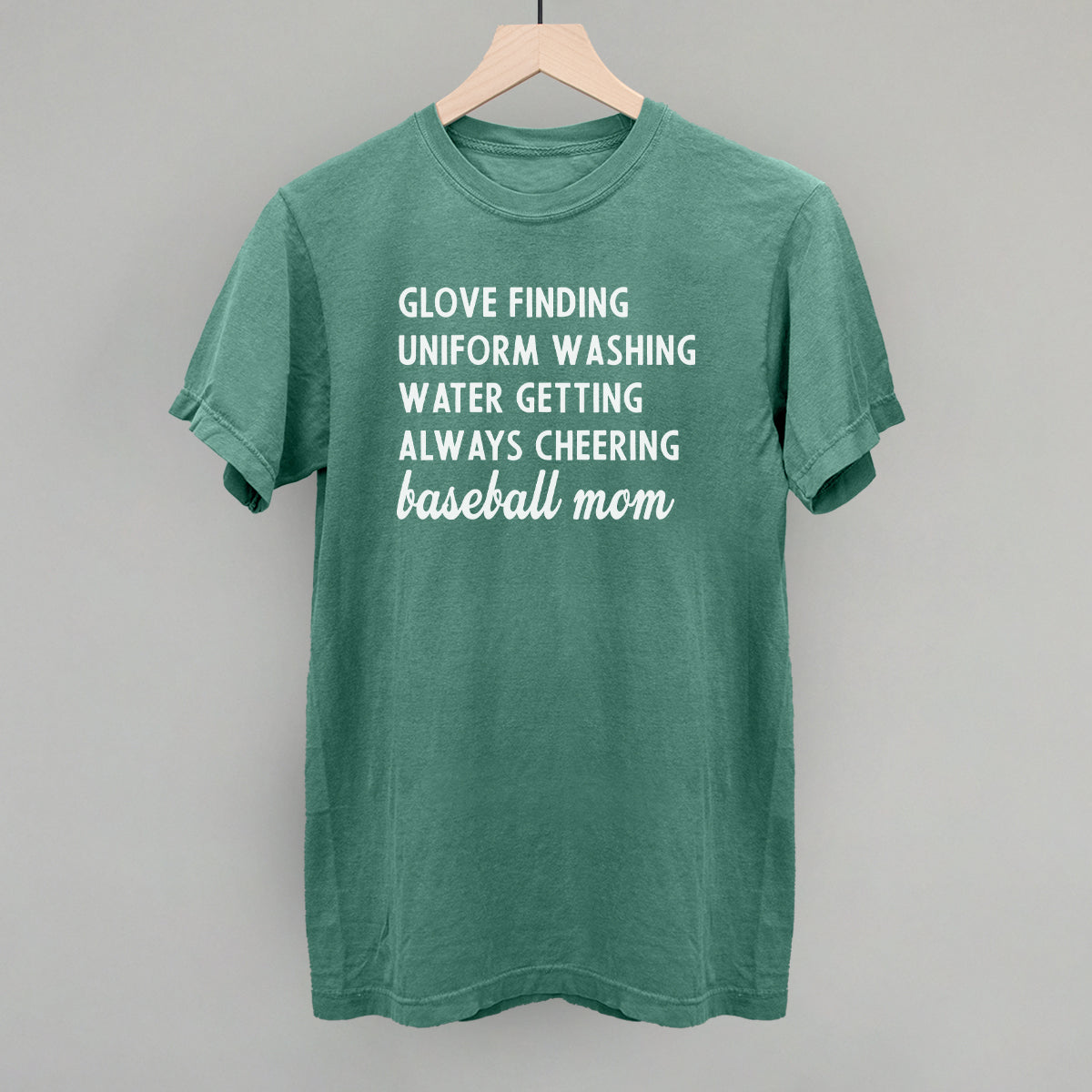 Green comfort color t-shirt with white text on a gray background