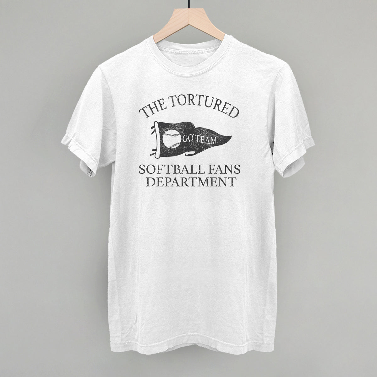 Collection of White t-shirt with black text that says the tortured Softball fans department  in a gallery layout