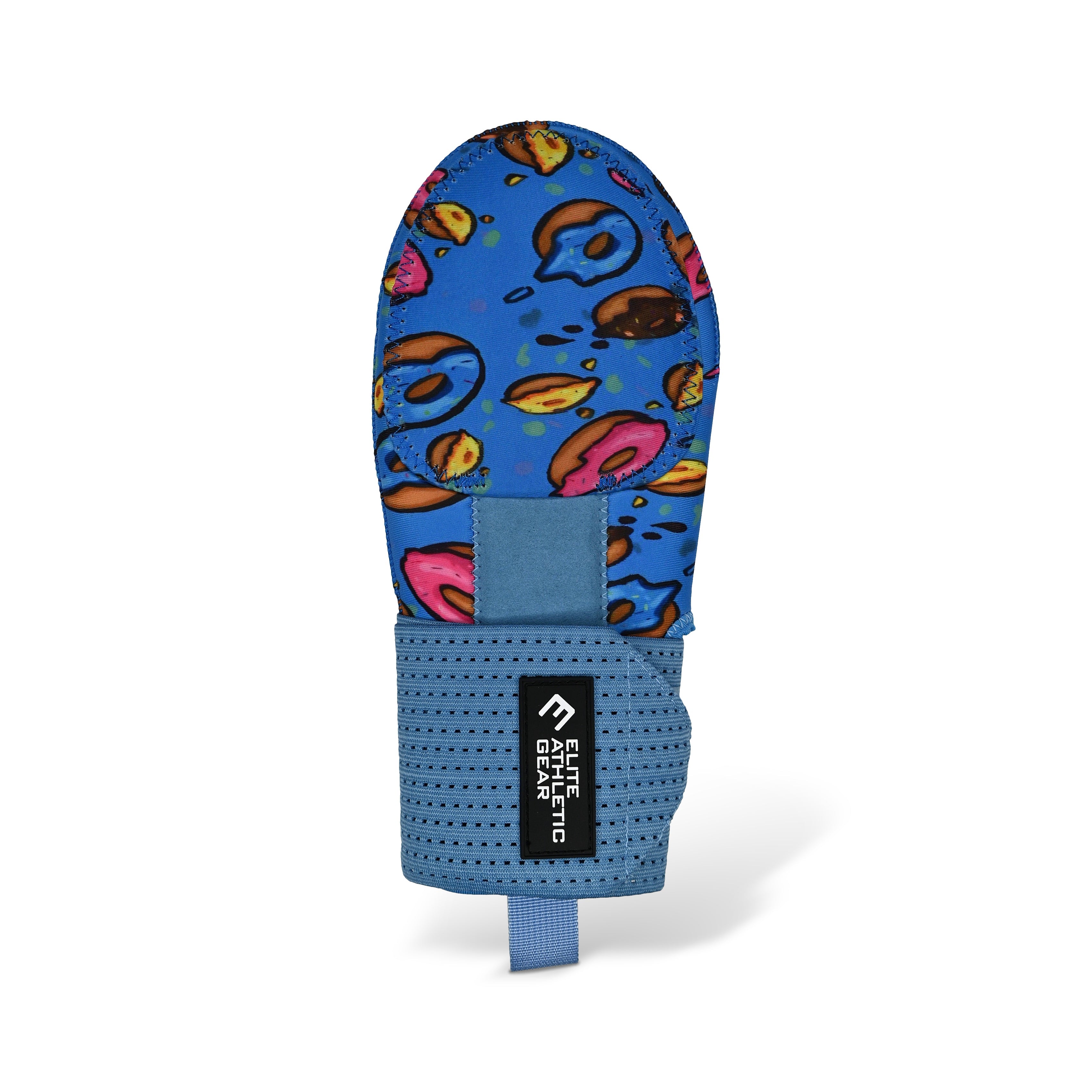 Collection of Blue athletic glove with colorful donut pattern on a white background in a gallery layout