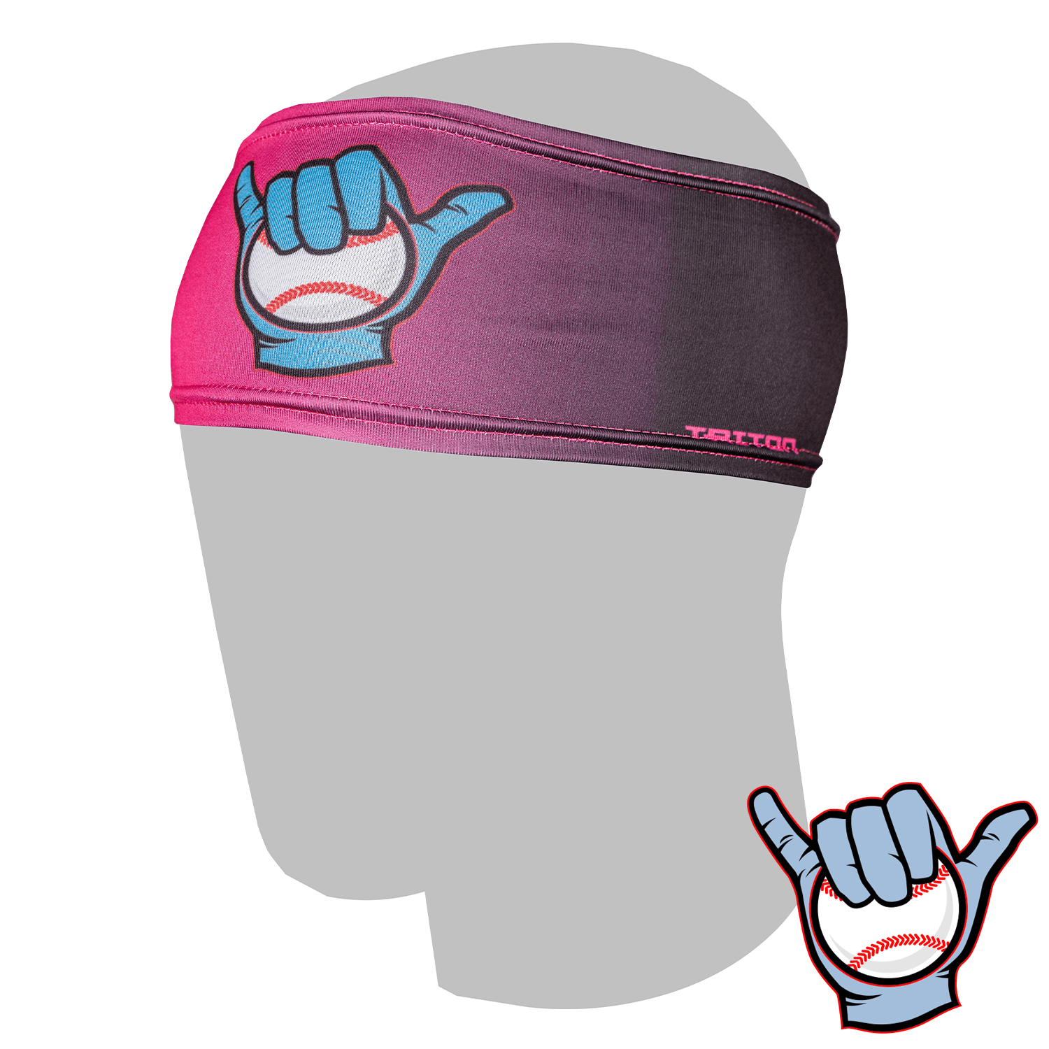 Headband with a baseball-themed design on a mannequin head, featuring a pink band and blue hand gesture.