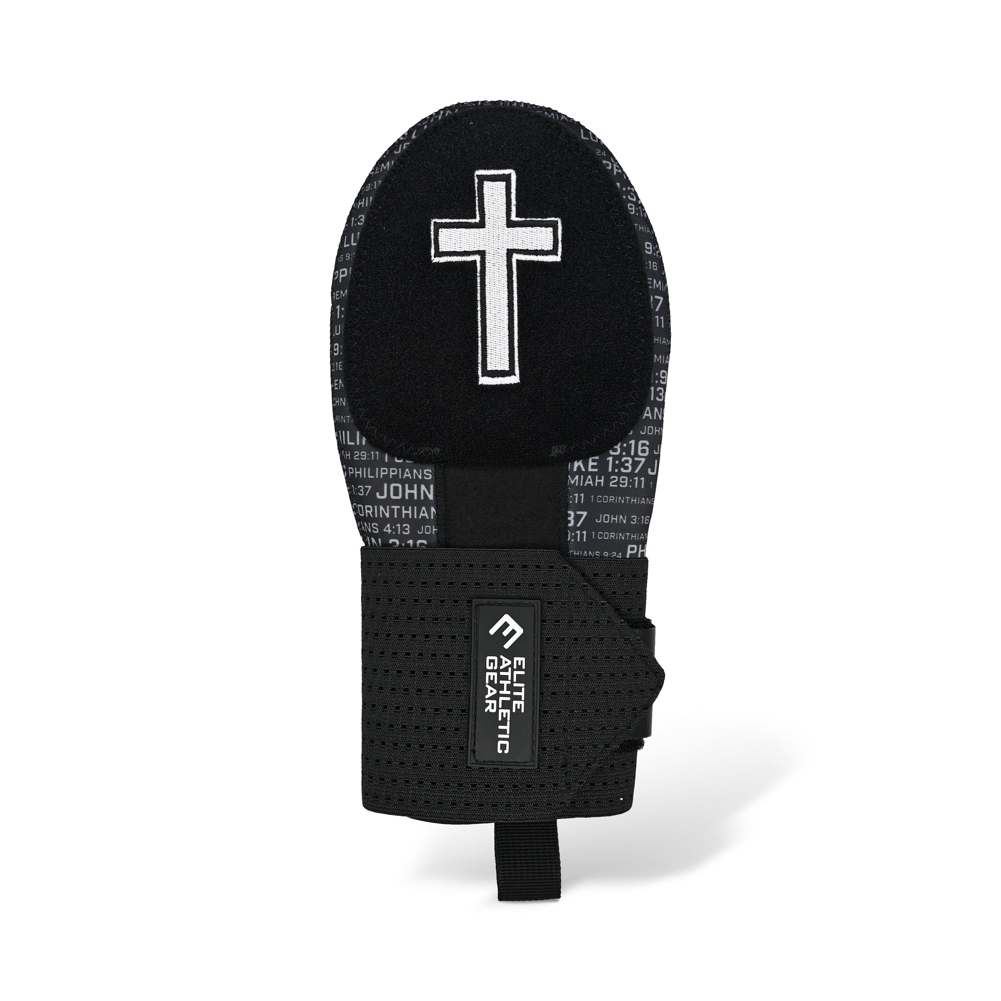 Black mitten with cross design on a white background