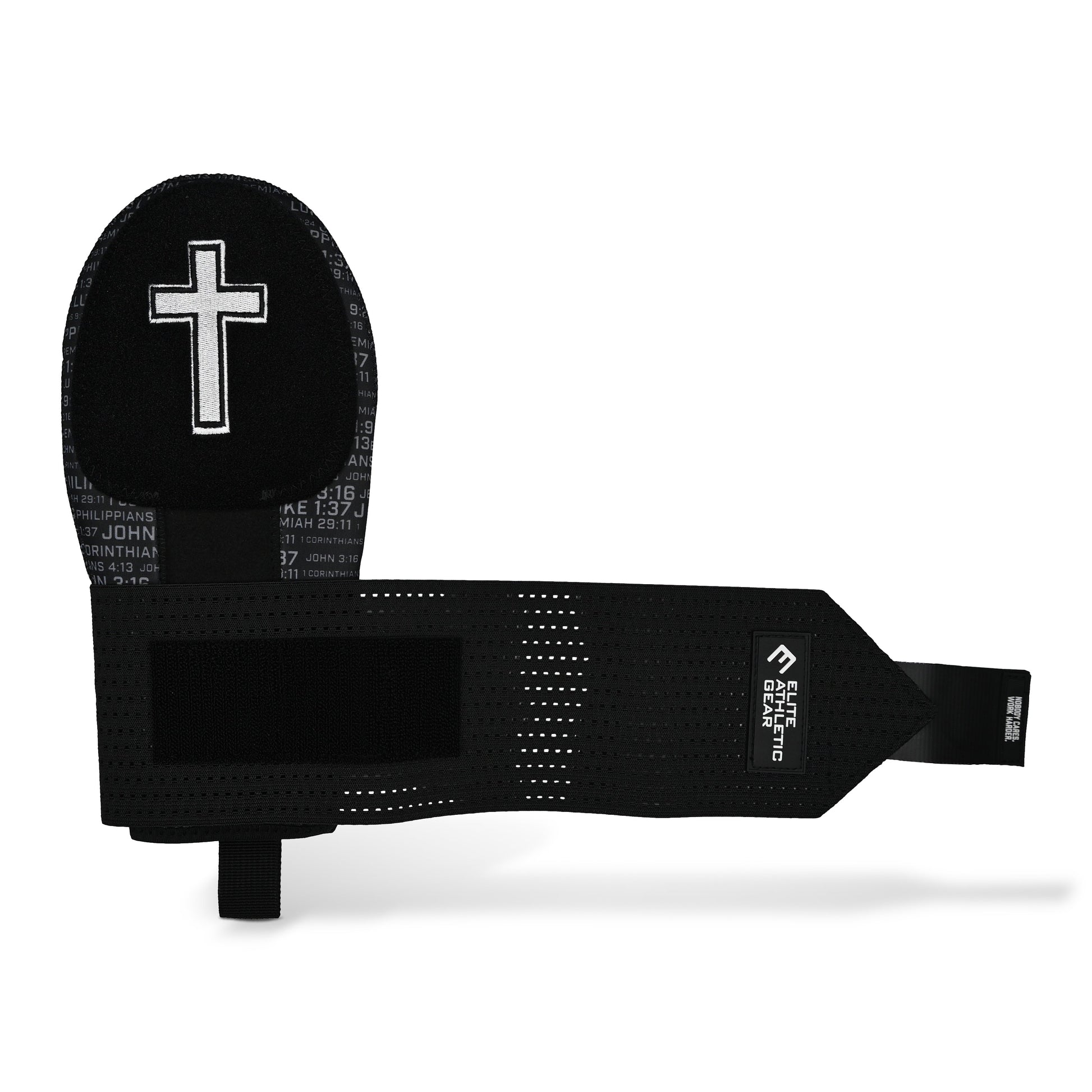 Black archery bow stand with cross and text on a white background