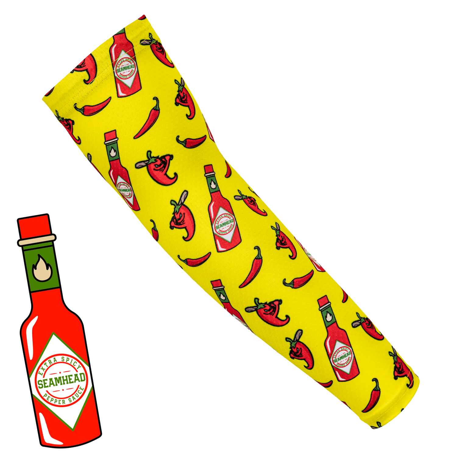 Collection of Yellow baseball arm sleeve with hot sauce bottle and chili pepper pattern on a white background in a gallery layout