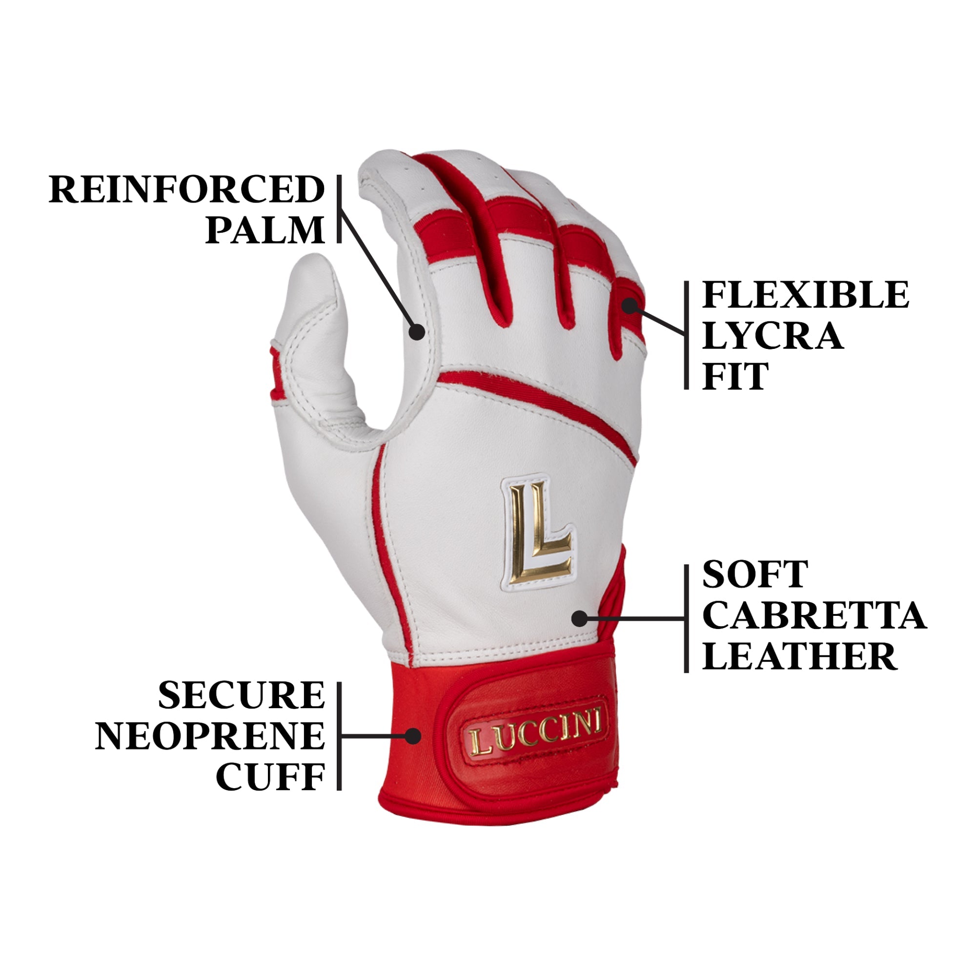 Collection of Red and white batting glove with Luccini labeled features on a white background in a gallery layout