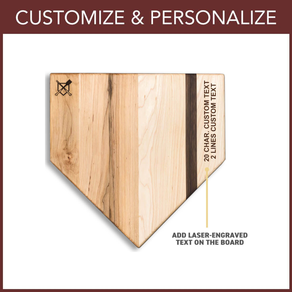 Wooden home plate-shaped board with text engraving options on a white background