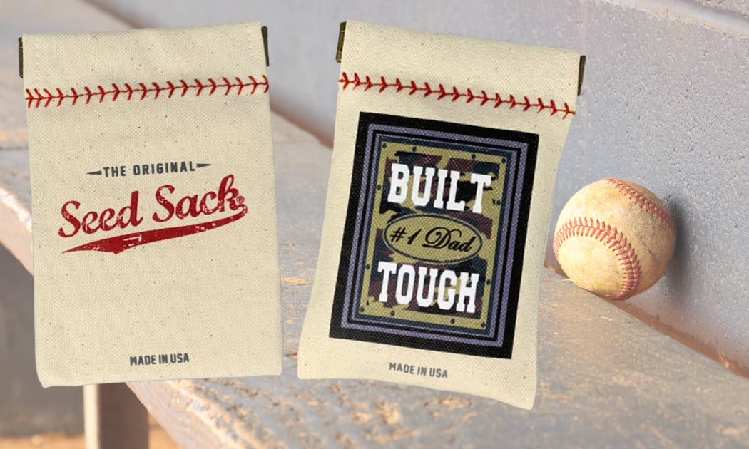 Collection of Two seed sacks with vintage design and a baseball on a wooden surface. in a gallery layout