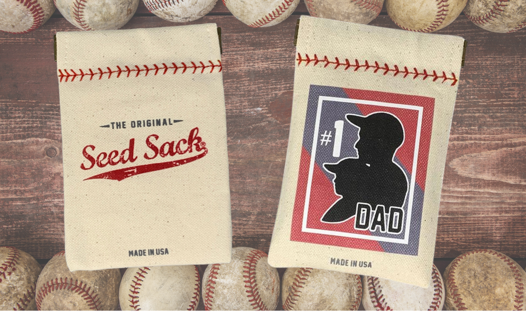 Collection of Two seed sacks with baseball-themed designs on a wooden surface with baseballs around. in a gallery layout