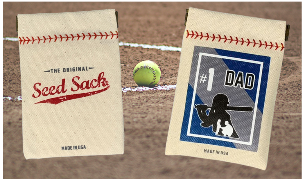 Collection of Two seed sacks with baseball-themed designs on a baseball field background. in a gallery layout