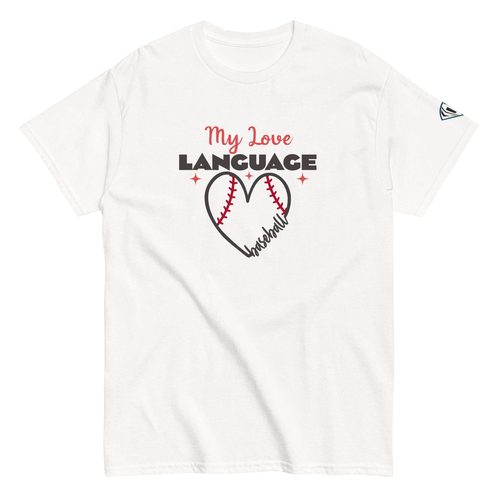 Collection of Heart script baseball mom tee shirt with 'My Love Language' text and heart-shaped baseball stitching design in a gallery layout