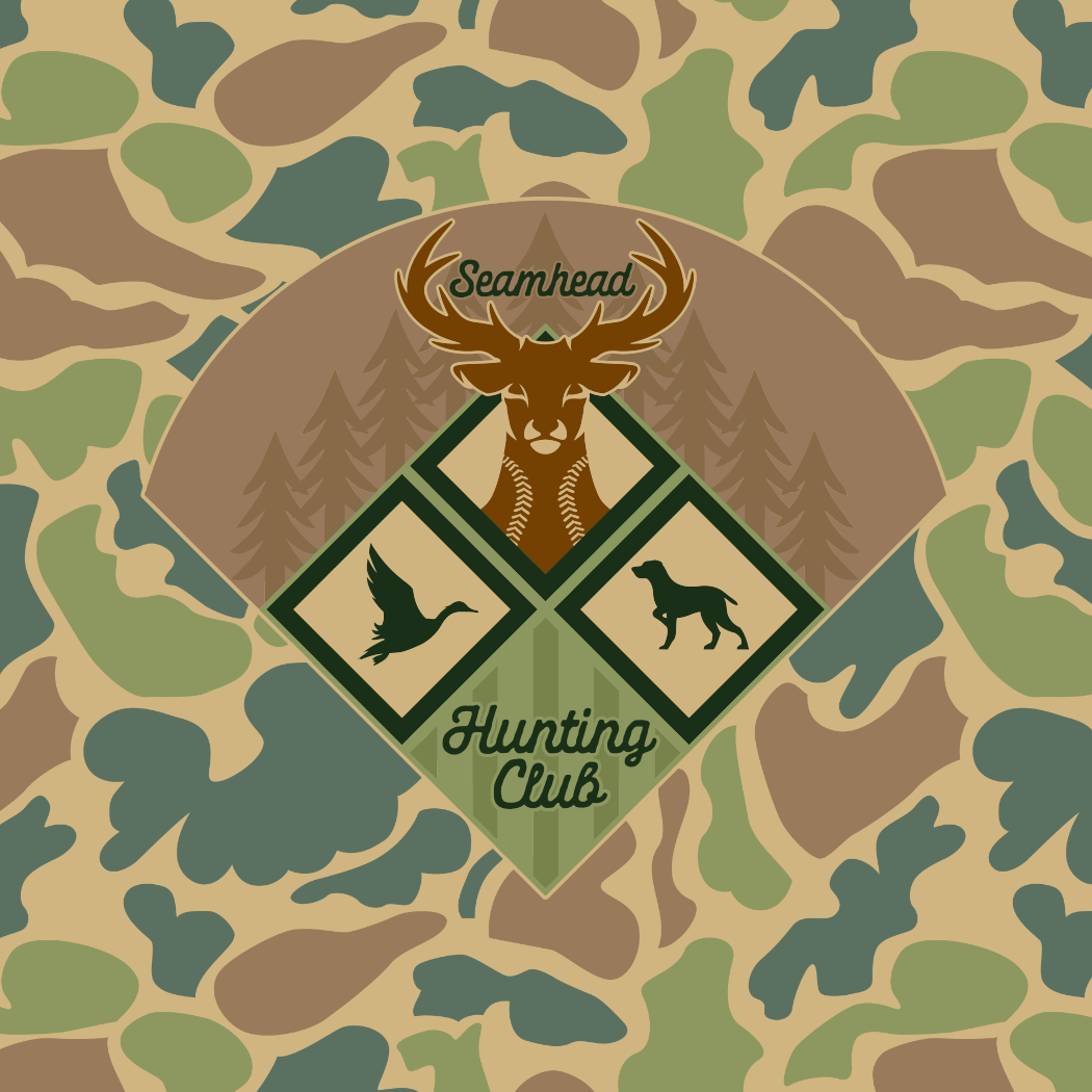Collection of Camouflage pattern with Hunting Club logo featuring a deer, duck, and dog on a brown background. in a gallery layout