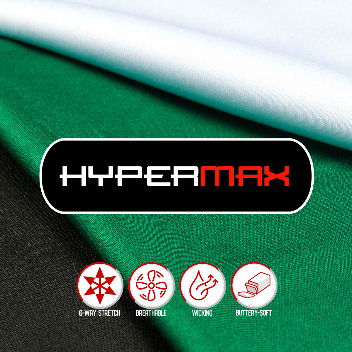 Collection of Hypermax fabric with features displayed on a green and white background in a gallery layout