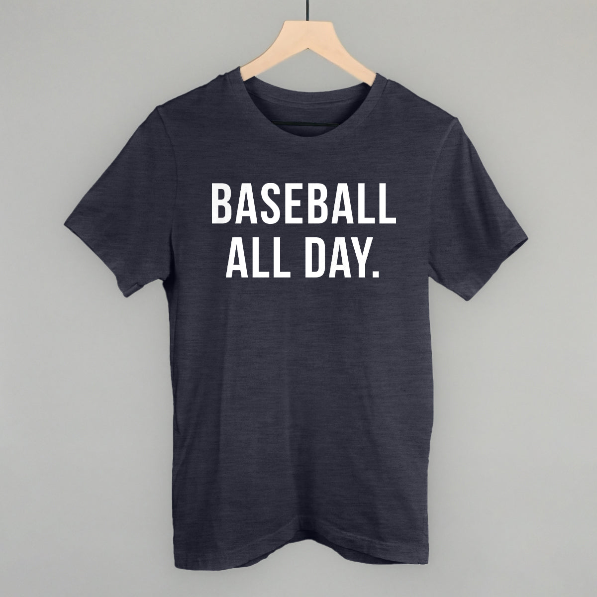 Collection of Navy t-shirt with 'BASEBALL ALL DAY.' text on a gray background in a gallery layout