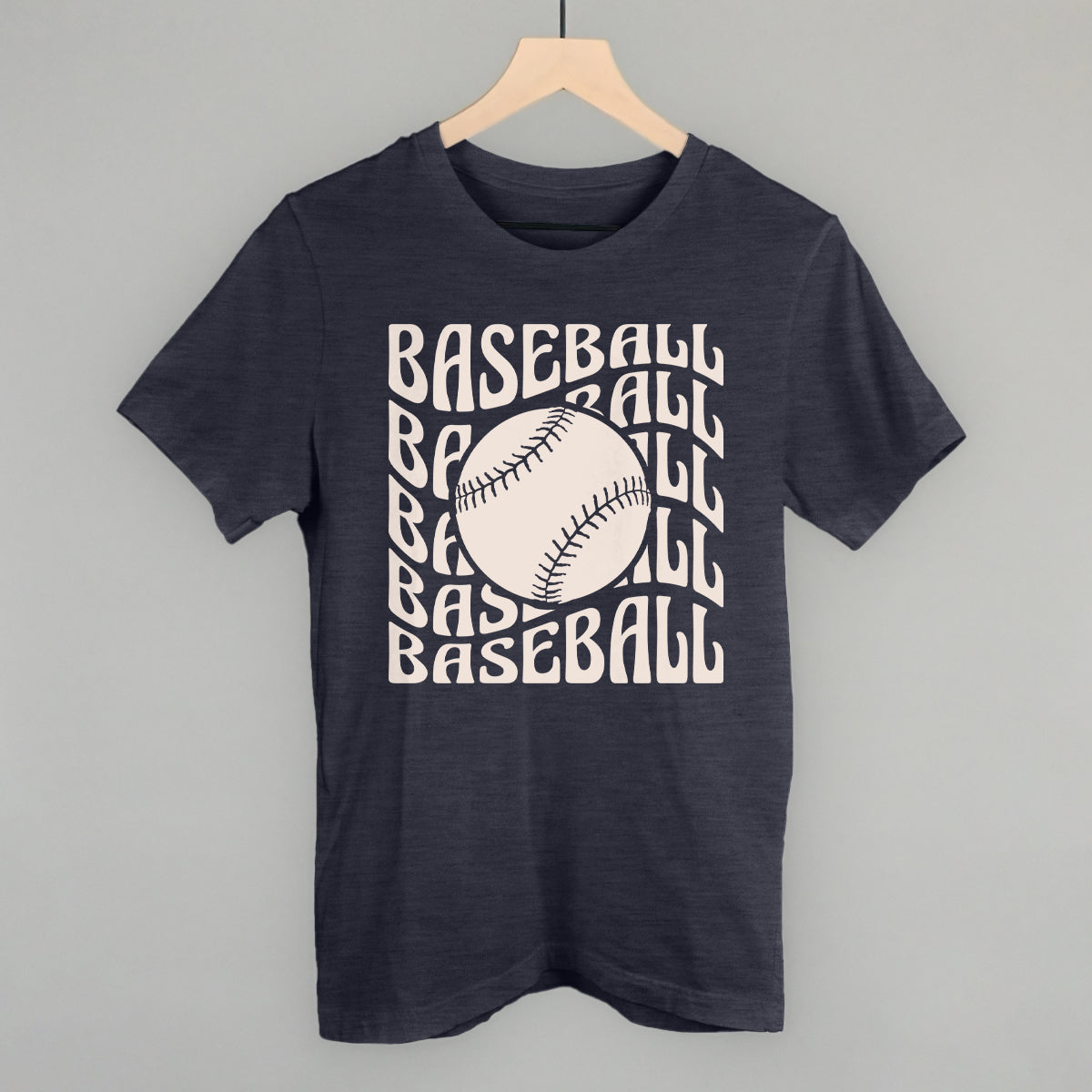 Collection of Navy blue t-shirt with 'BASEBALL' text and a baseball graphic on a gray background in a gallery layout