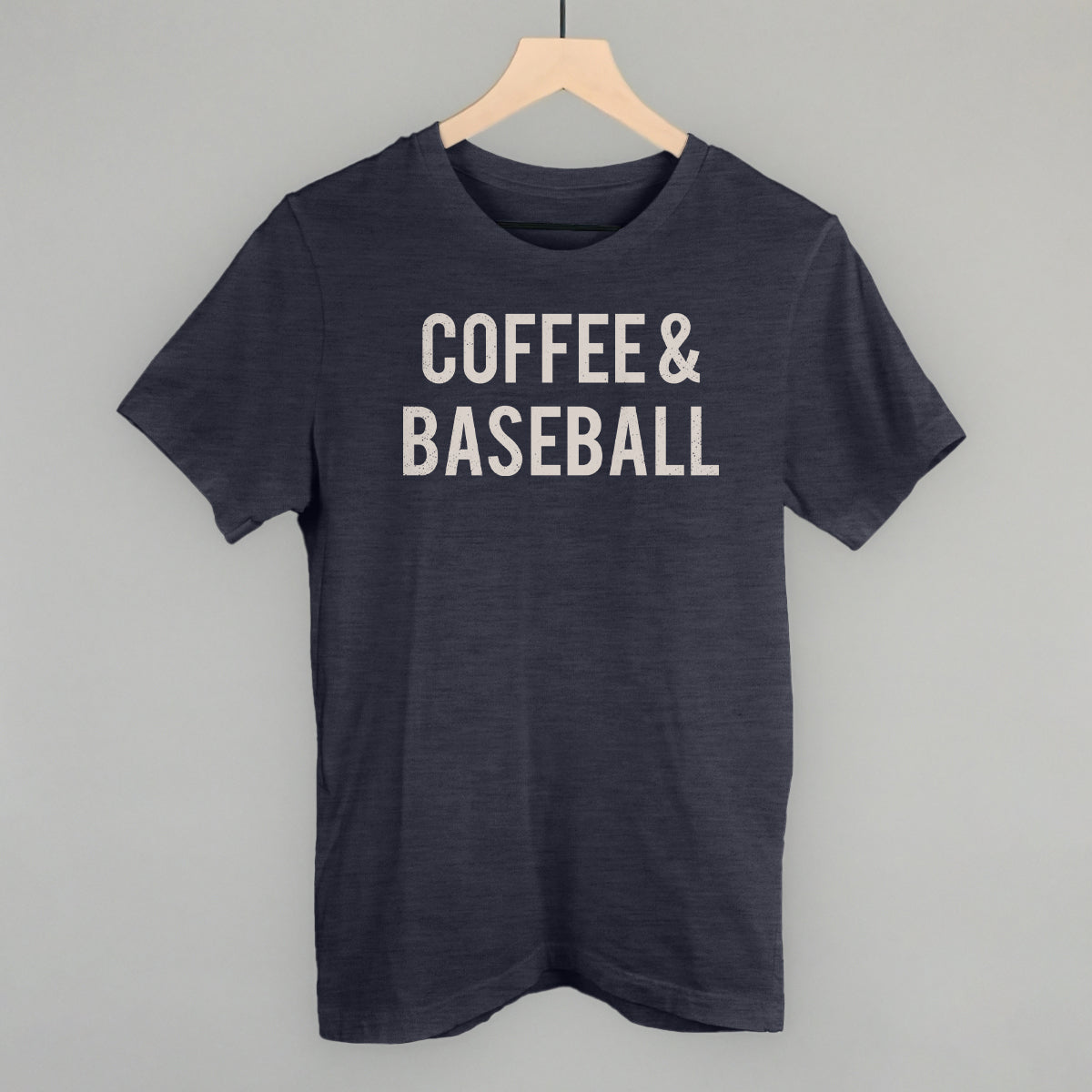 Collection of Navy comfort colors t-shirt with 'COFFEE & BASEBALL' text on a gray background in a gallery layout