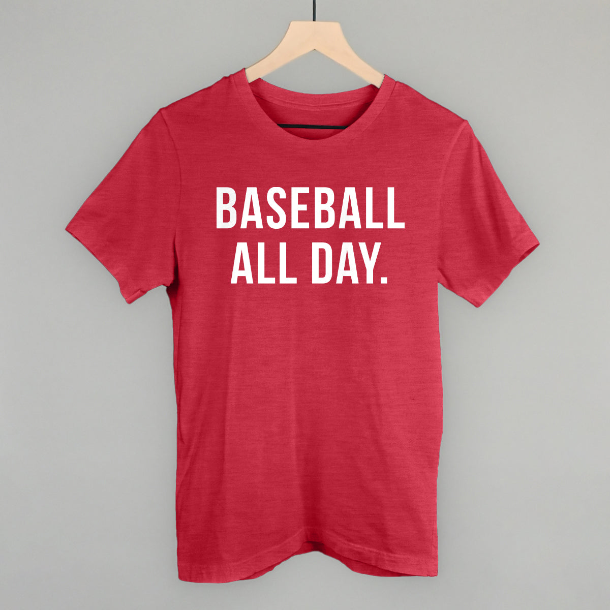 Red t-shirt with 'BASEBALL ALL DAY.' text on a gray background