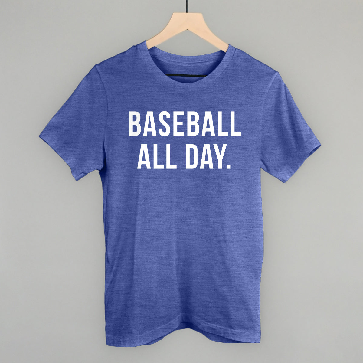 Blue t-shirt with 'BASEBALL ALL DAY.' text on a gray background