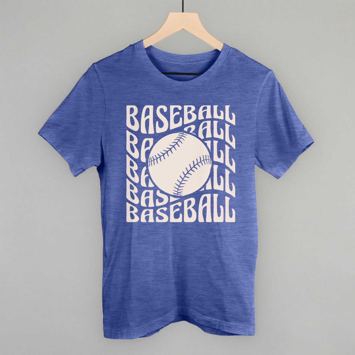 Collection of Blue t-shirt with 'BASEBALL' text and a baseball graphic on a gray background in a gallery layout