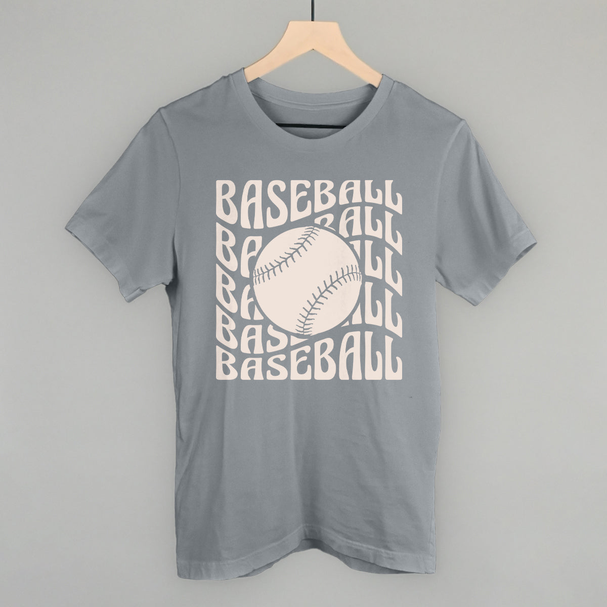 Gray t-shirt with 'BASEBALL' text and baseball graphic on a hanger against a gray background