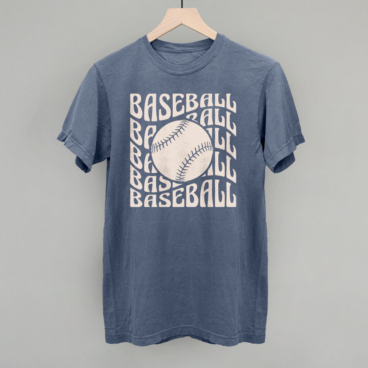 Collection of Blue t-shirt with 'BASEBALL' text and a baseball graphic on a gray background in a gallery layout
