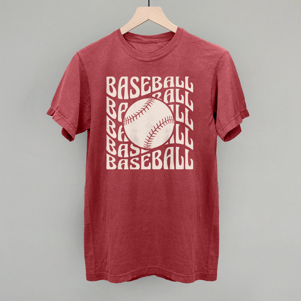 Red t-shirt with 'BASEBALL' text and a baseball graphic on a gray background