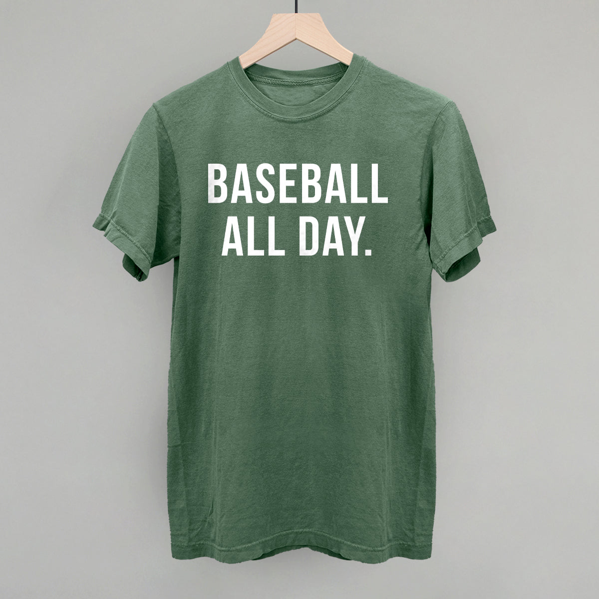 Collection of Green t-shirt with 'BASEBALL ALL DAY.' text on a gray background in a gallery layout