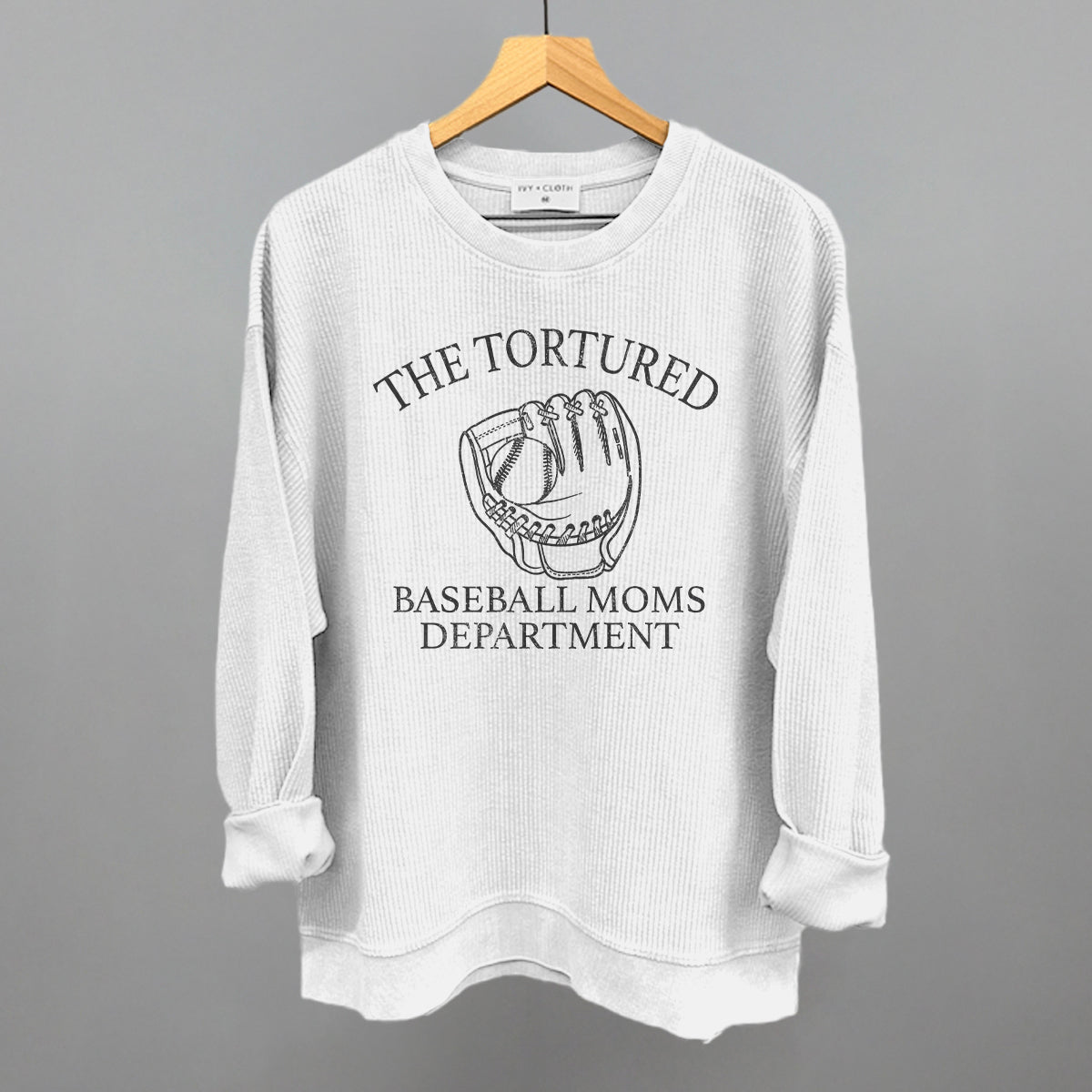 Collection of White sweatshirt with graphic and text on a hanger against a gray background in a gallery layout