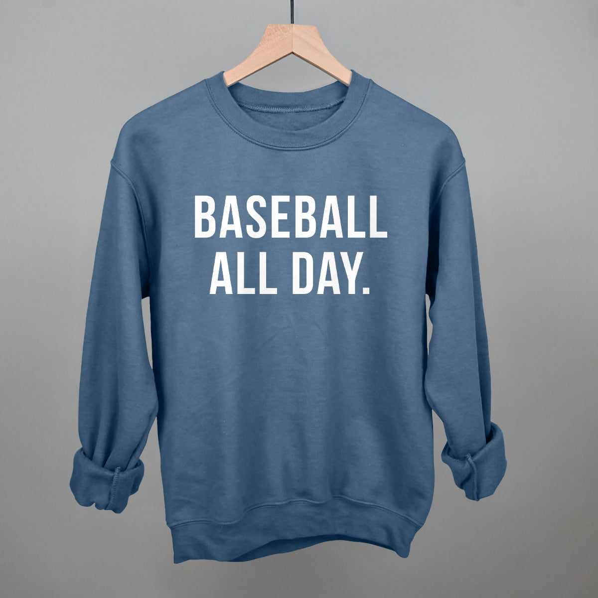 Collection of Blue sweatshirt with 'BASEBALL ALL DAY.' text on a gray background in a gallery layout