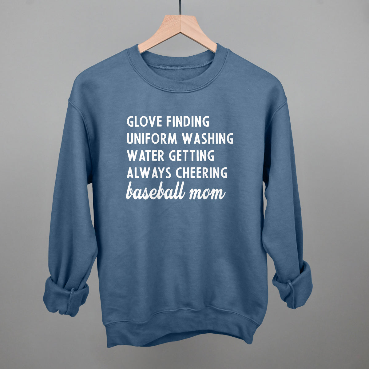Collection of Blue comfort color sweatshirt with white text on a gray background in a gallery layout