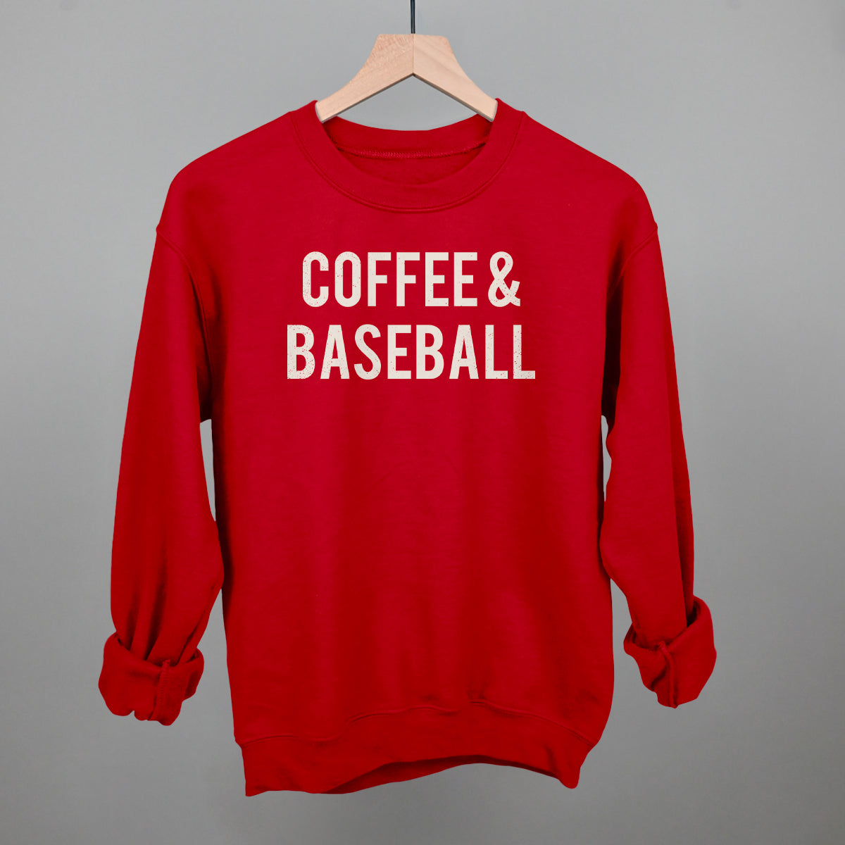Collection of Red comfort colors sweatshirt with 'COFFEE & BASEBALL' text on a gray background in a gallery layout