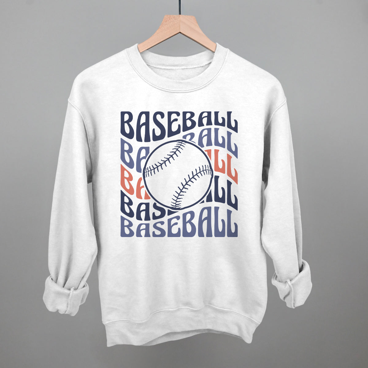 Collection of White sweatshirt with 'BASEBALL' text and a baseball graphic on a gray background in a gallery layout
