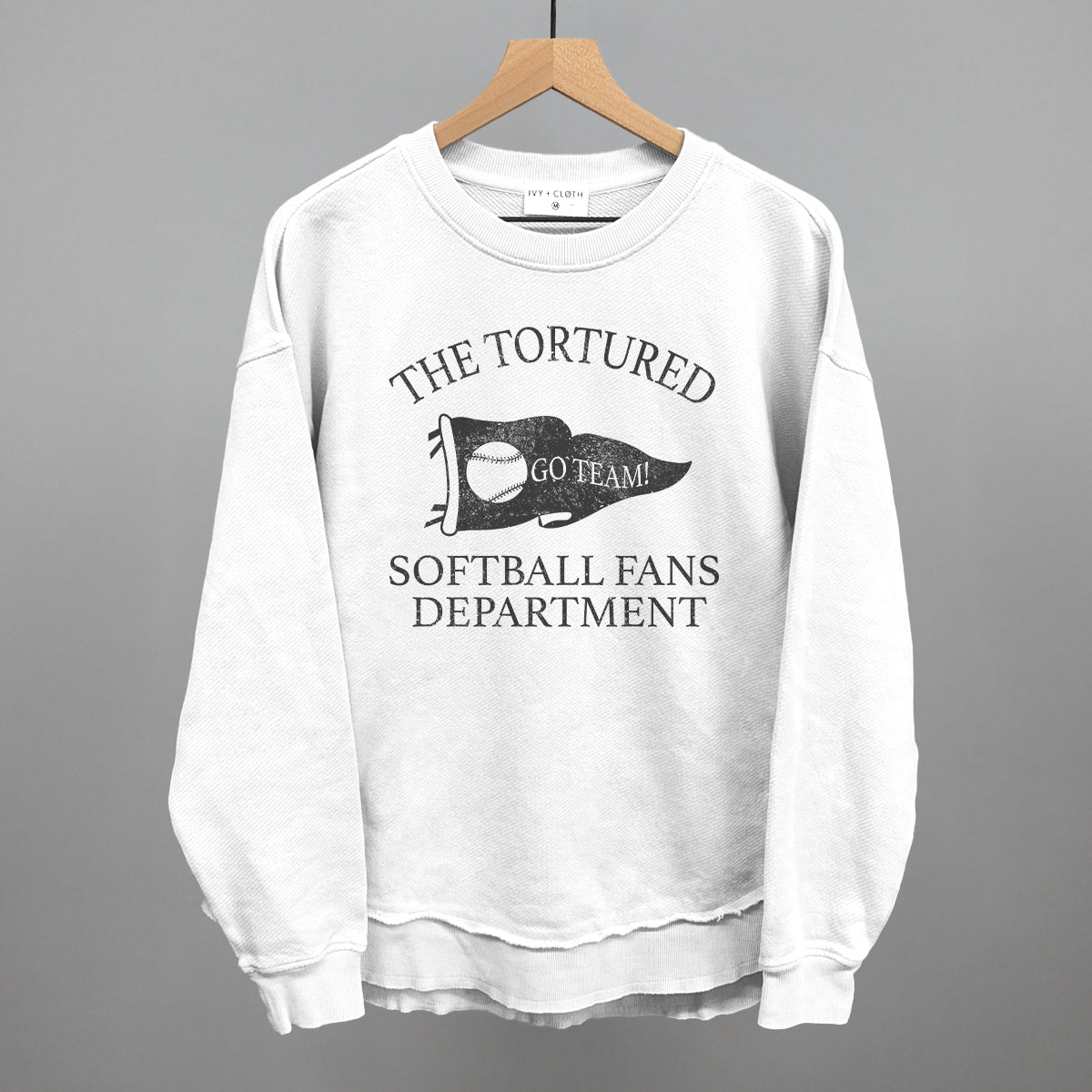 Collection of the tortured Softball fans department text on a white sweatshirt in a gallery layout