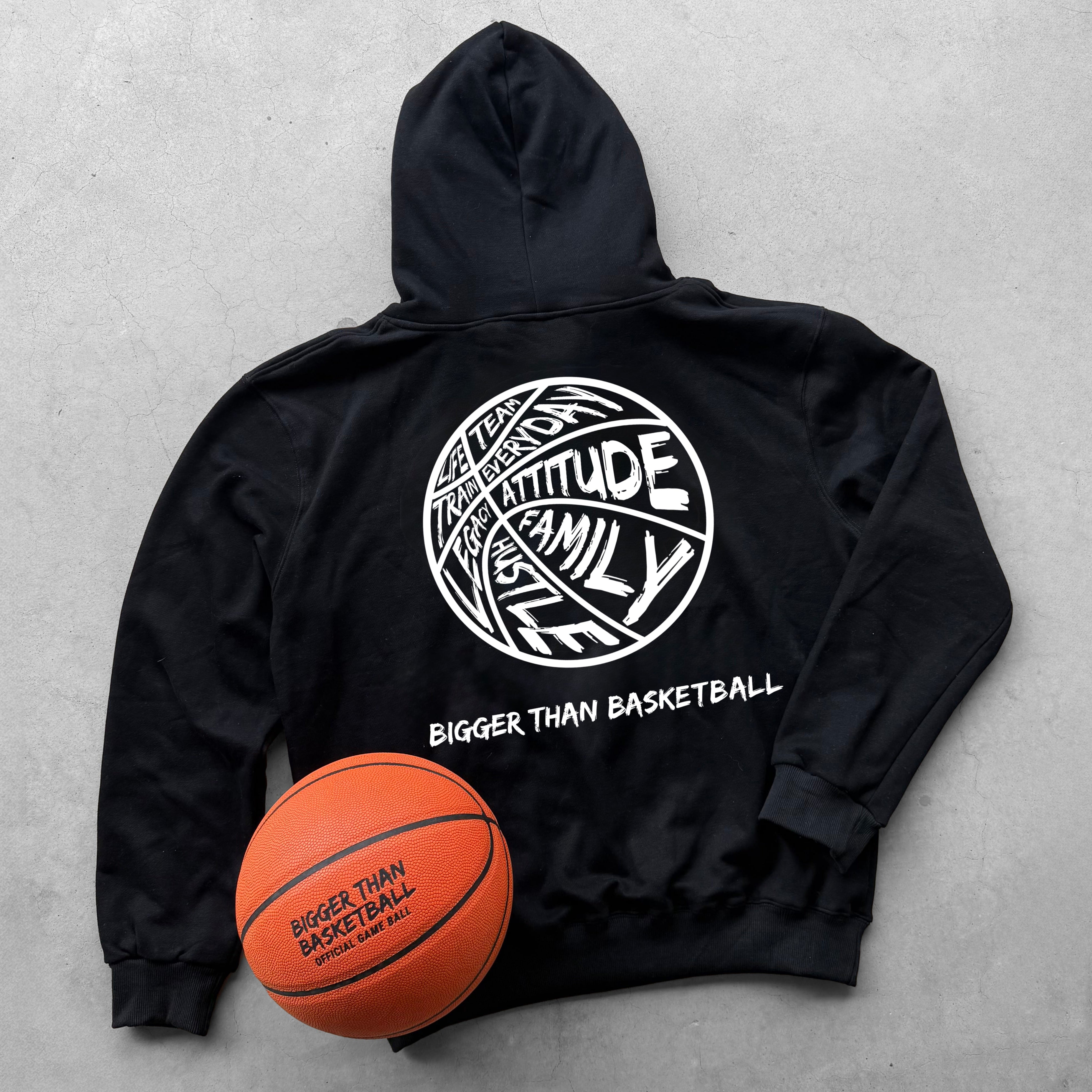 Collection of Black hoodie with a basketball graphic and text on a gray surface in a gallery layout
