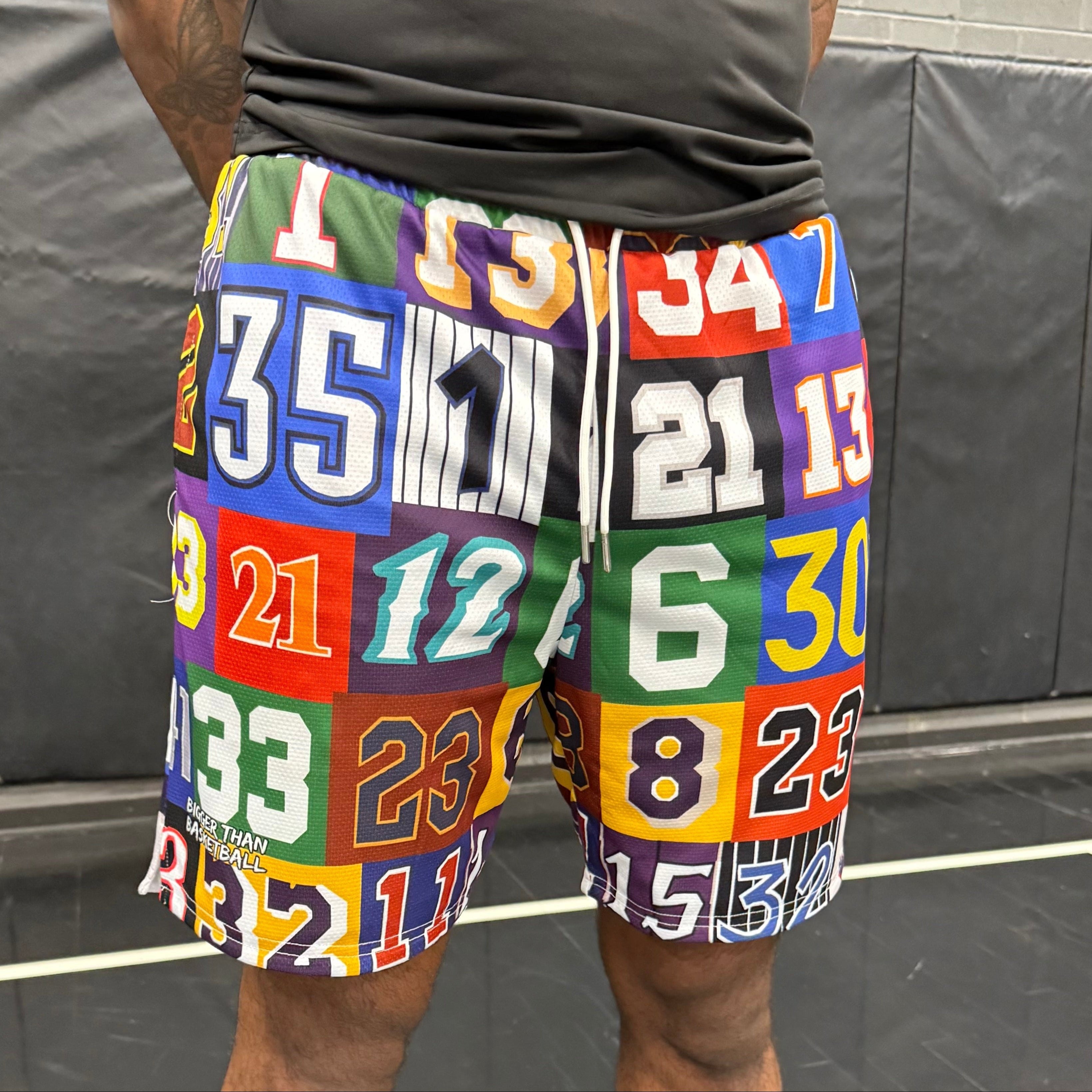 Collection of Hall of fame numbers basketball shorts in a gallery layout