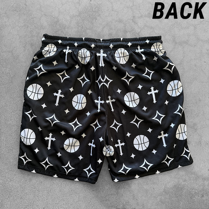 Collection of Black shorts with white basketball and crosses  in a gallery layout