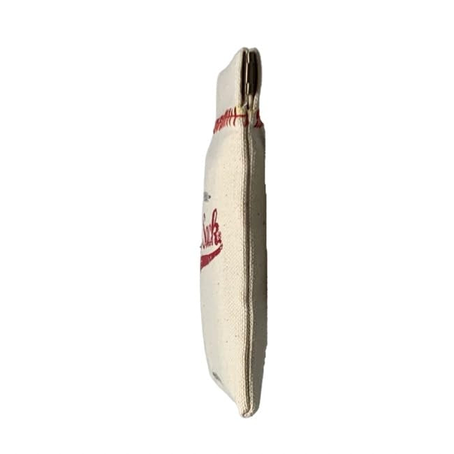 White pouch with red text on a white background