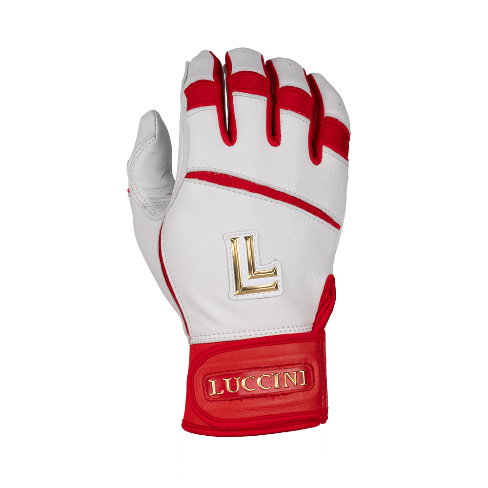 White and red batting glove with gold accents on a white background, featuring the Luccini brand.