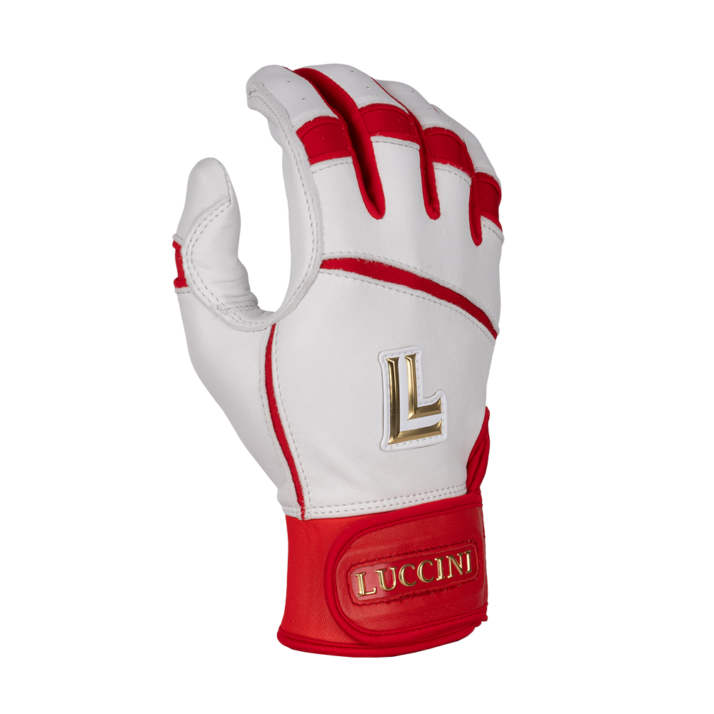 Red and white golf glove with 'Luccini' branding on a white background