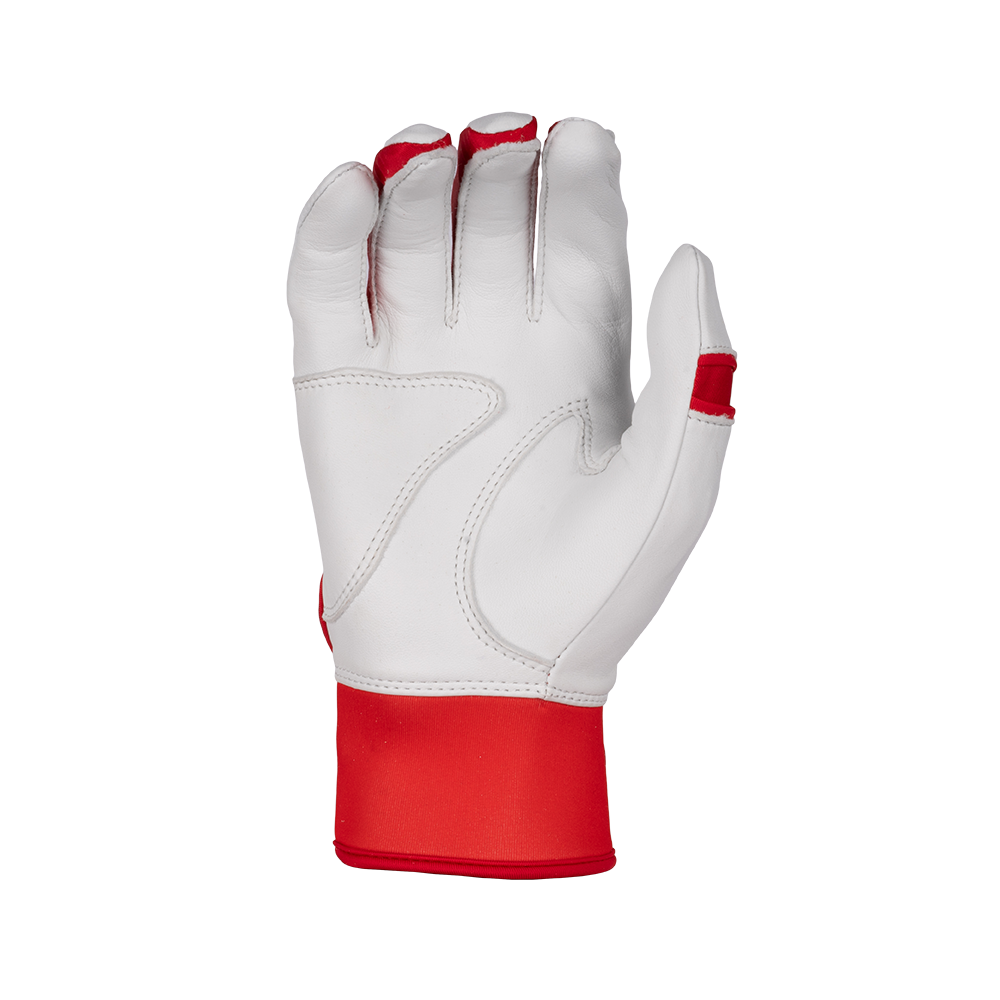 Collection of White Luccini batting glove with red accents on a white background in a gallery layout