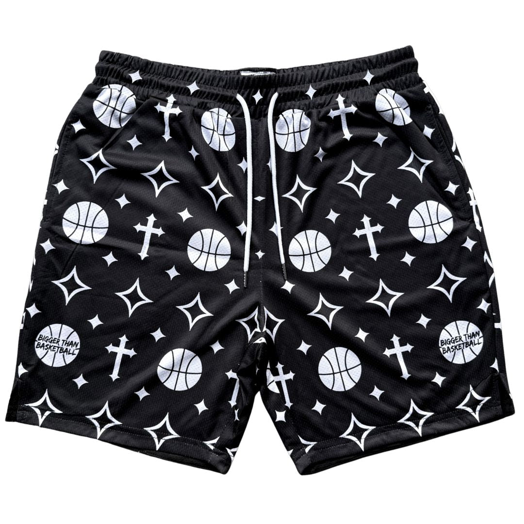 Black shorts with white basketball and religious cross pattern on a white background
