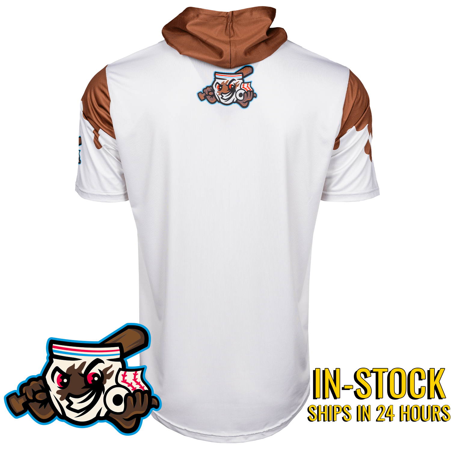 Collection of White and brown sports jersey with a meanstreaks logo on the back, on a white background. Baseball short sleeve hoodie in a gallery layout
