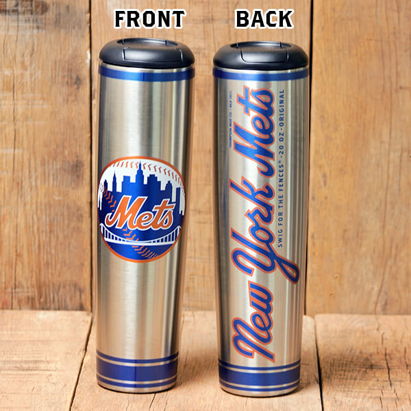 Two stainless steel tumblers with New York Mets branding on a wooden background