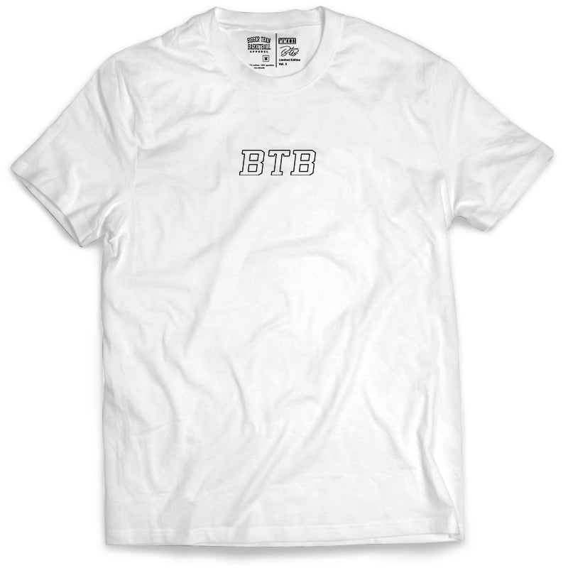 White t-shirt with 'BTB' logo on a white background