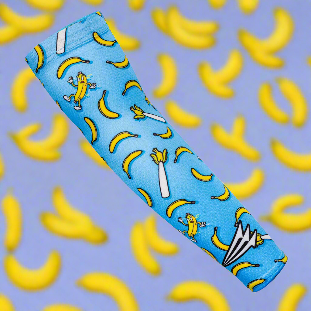 Collection of Baseball arm sleeve banana characters on a blue background with yellow bananas. in a gallery layout