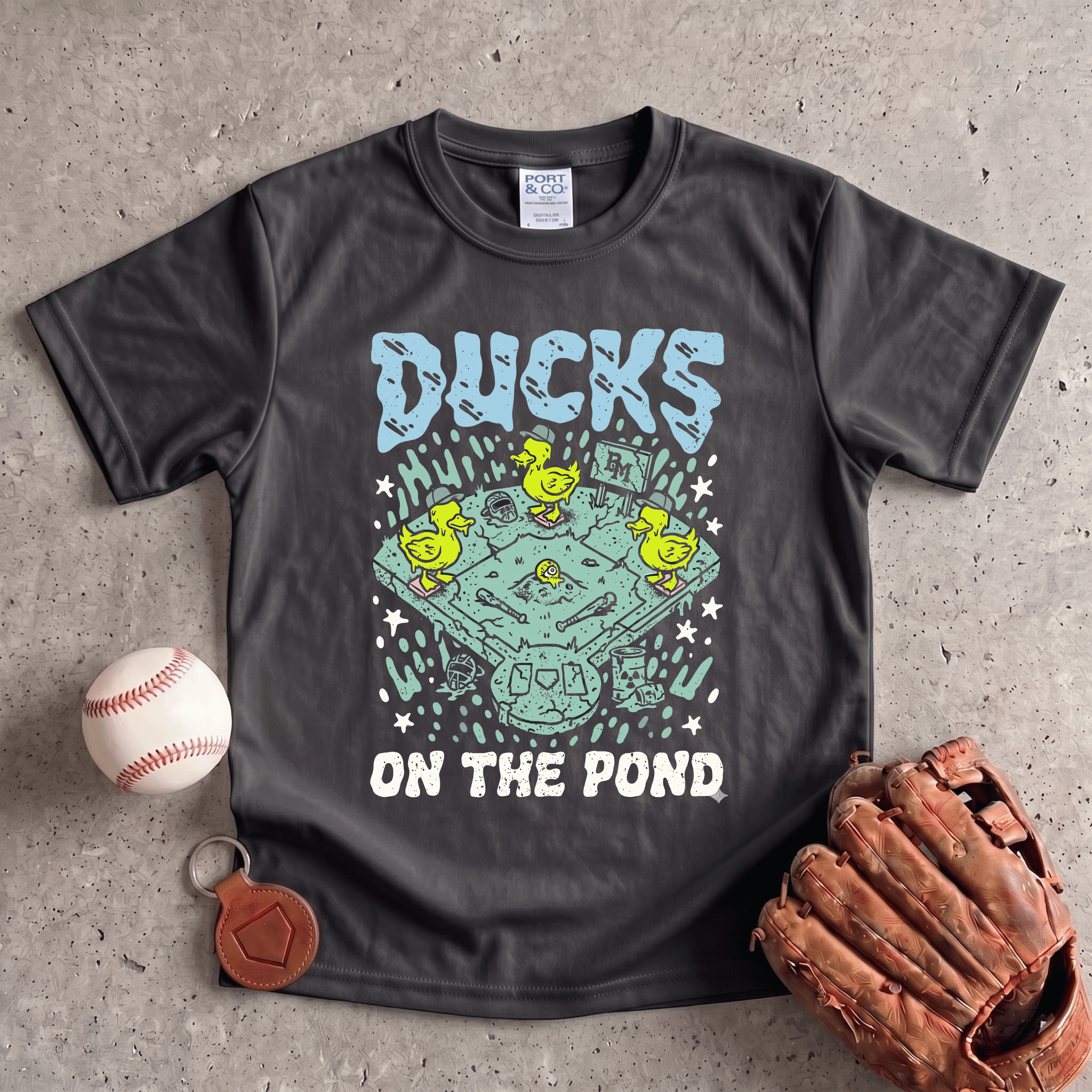 Collection of Ducks on the Pond Baseball Youth Performance Tee in a gallery layout