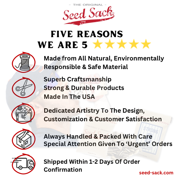 Collection of Promotional graphic for 'Seed Sack' with five reasons they are 5-star rated, featuring icons and text on a white background. in a gallery layout