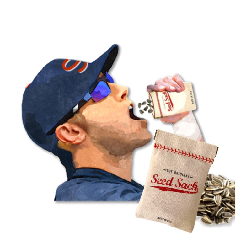 Man wearing a baseball cap and sunglasses, blowing into a 'Seed Sack' with sunflower seeds.