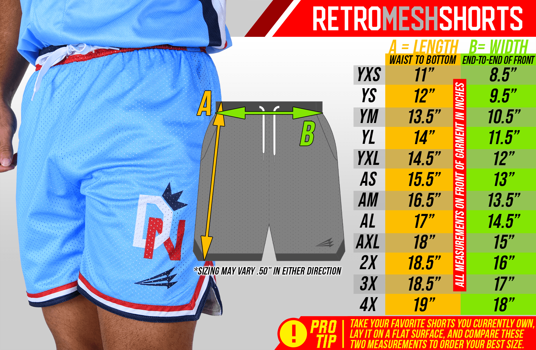 Collection of Blue shorts with a brand logo and size chart on a white background in a gallery layout