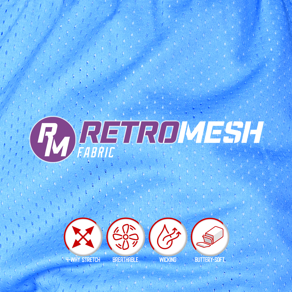 Collection of Blue retro mesh fabric with Retromesh logo and features on a blue background in a gallery layout