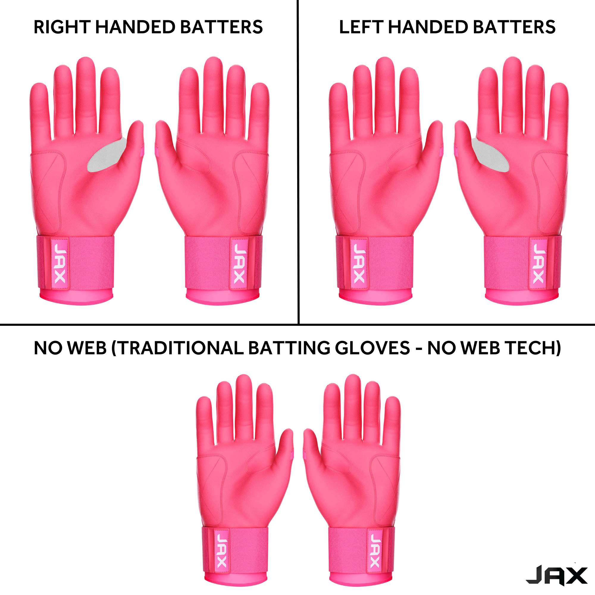 Collection of Set of pink batting gloves for right and left-handed batters with JAX branding. in a gallery layout