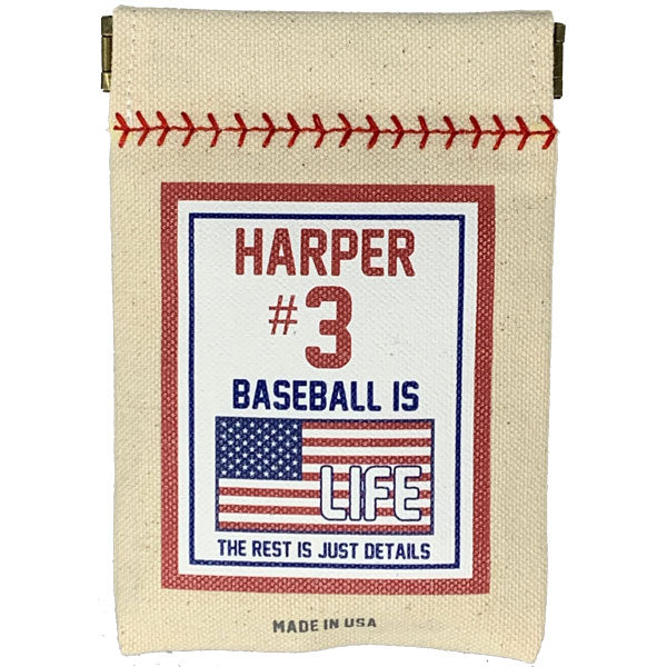 Canvas pouch with baseball-themed design featuring text and an American flag on a white background.